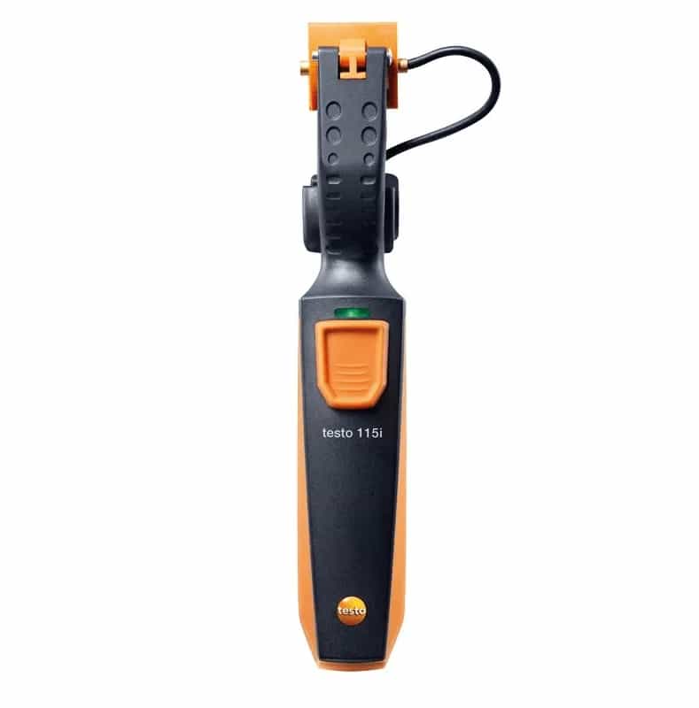 Termometr zaciskowy Testo 115i — widok urządzenia z zaciskiem i wskaźnikiem LED połączenia Bluetooth (miniatura)