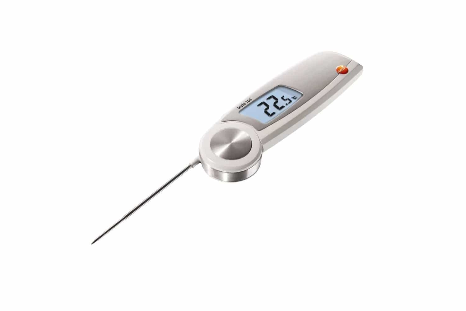 Testo 104 — widok boczny z rozłożoną sondą, podkreślający zwartą, szczelną konstrukcję (miniatura)