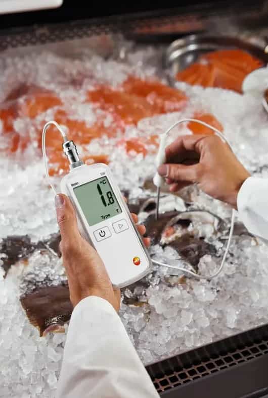 Testo 108-2 w użyciu — pomiar temperatury świeżych ryb na lodzie w sklepie spożywczym (miniatura)