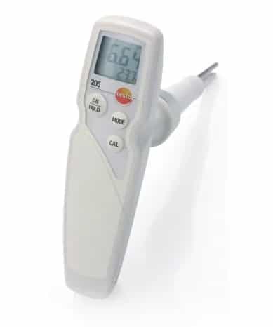pH-metr Testo 205 z sondą wbijaną — widok pod kątem na kompaktową obudowę i wyświetlacz LCD (miniatura)