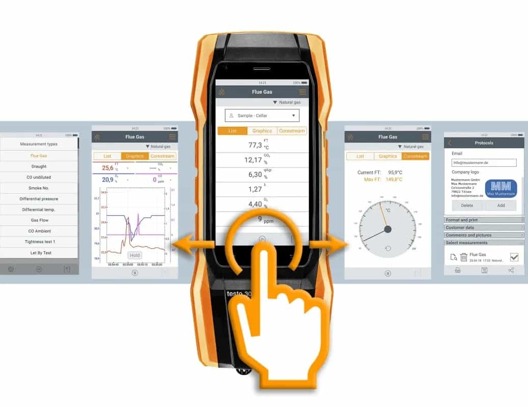 Analizator spalin Testo 300 Long Life Next Level ujęty pod kątem z dotykowym wyświetlaczem HD prezentującym wyniki pomiaru spalin (miniatura)