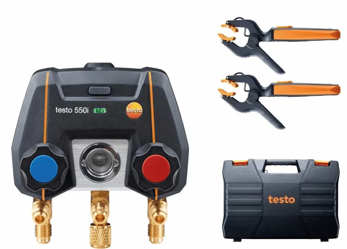 Elektroniczna oprawa zaworowa Testo 550i z aplikacją mobilną oraz sondami temperatury Testo 115i