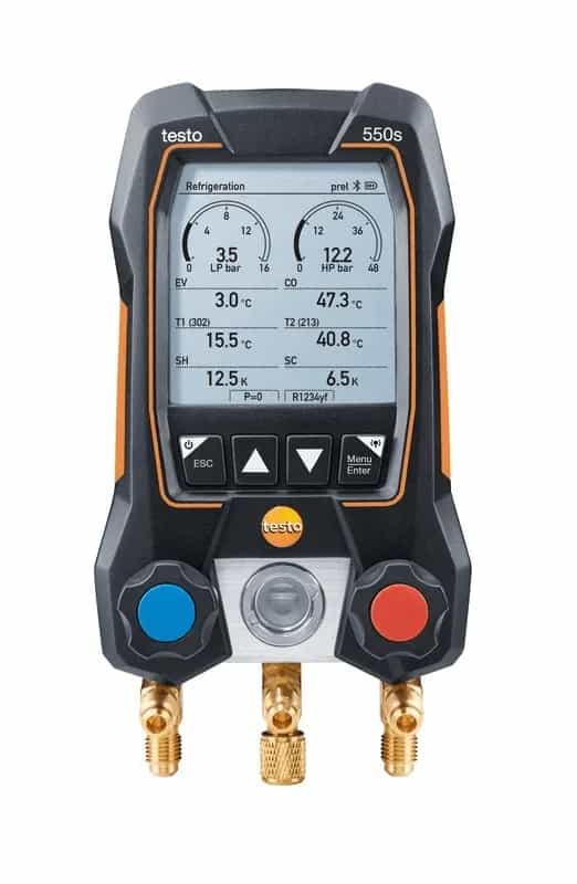 Widok od frontu oprawy zaworowej Testo 550s Smart z graficznym wyświetlaczem pomiarów (miniatura)