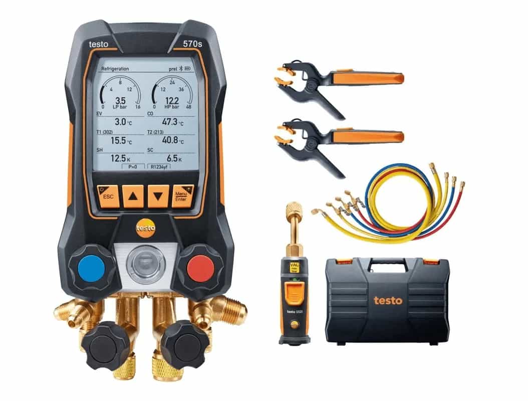Elektroniczna oprawa zaworowa Testo 570s z aplikacją, sondami temperatury i pomiaru próżni oraz kompletem węży
