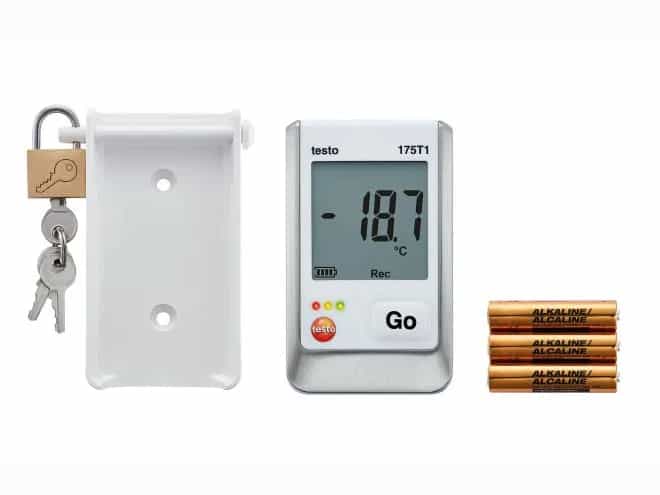 Zestaw Testo 175 T1: rejestrator z uchwytem ściennym z blokadą i kompletem baterii AAA (miniatura)