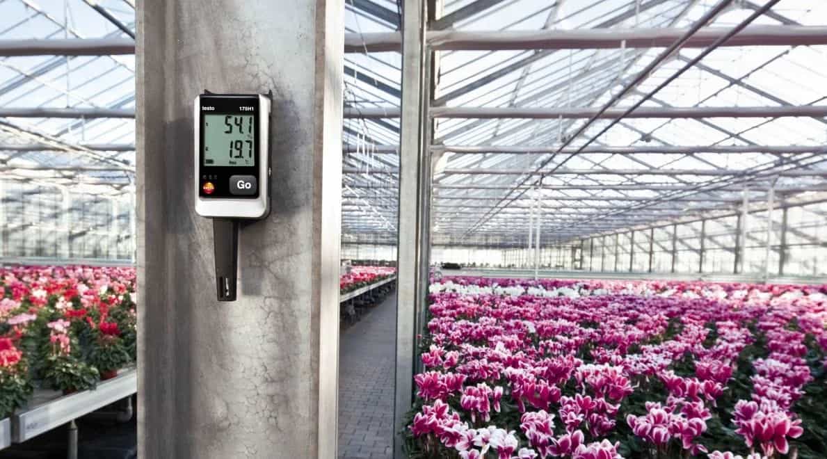 Rejestrator Testo 175 H1 zamocowany na słupie w szklarni pełnej kwitnących roślin, monitorujący wilgotność i temperaturę (miniatura)