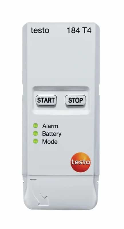 Rejestrator temperatury Testo 184 T4 — widok od frontu z przyciskami Start/Stop i diodami LED (miniatura)