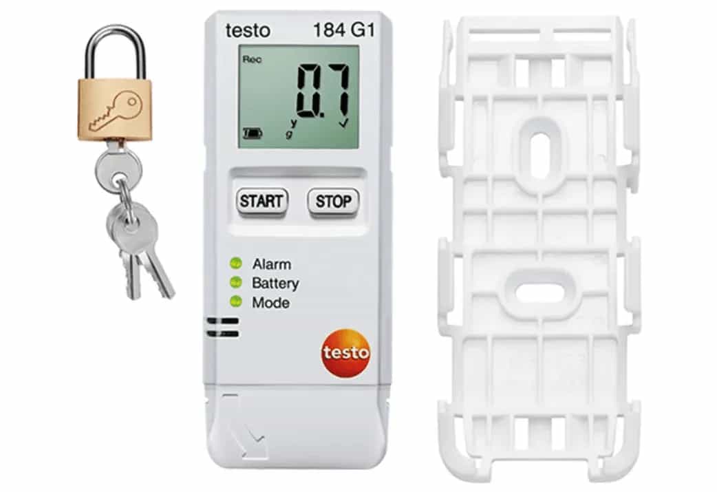 Testo 184 G1 z kłódką zabezpieczającą i uchwytem ściennym — kompletny zestaw do monitorowania transportu (miniatura)
