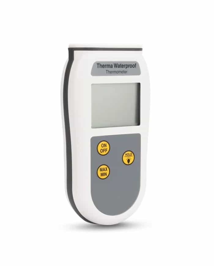 Termometr ETI Therma Waterproof typ T w ujęciu pod kątem - biała obudowa ABS z uszczelką IP67 (miniatura)