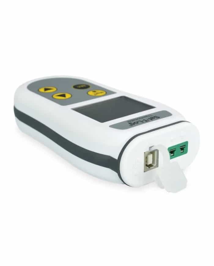 Termometr ETI Saf-T-Log - widok boczny z gniazdem USB i wejściem termopary typu K (miniatura)