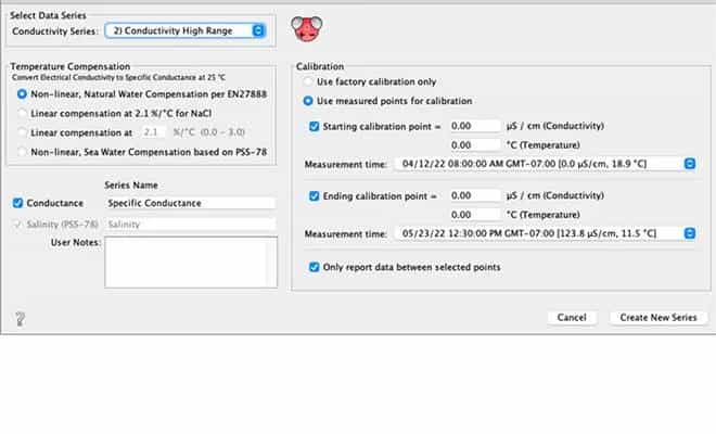 Okno konfiguracji Data Assistant do przeliczania przewodności w HOBOware Pro (miniatura)