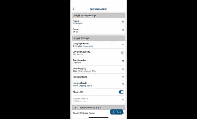 Ekran „Configure & Start” w aplikacji HOBOConnect — ustawienia nazwy, grupy, interwału i trybu logowania rejestratora HOBO MX (miniatura)
