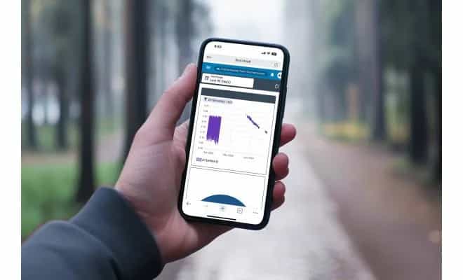 Dłoń trzymająca smartfona z aplikacją LI-COR Cloud w terenie na tle lasu (miniatura)