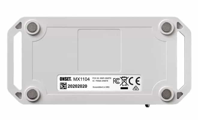 Rejestrator HOBO MX1104 od przodu — widoczny wyświetlacz LCD z wskaźnikami pamięci i trybu rejestracji (miniatura)