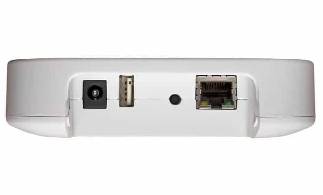 Złącza bramki MX Gateway: gniazdo zasilania, port USB i port Ethernet RJ45 (miniatura)