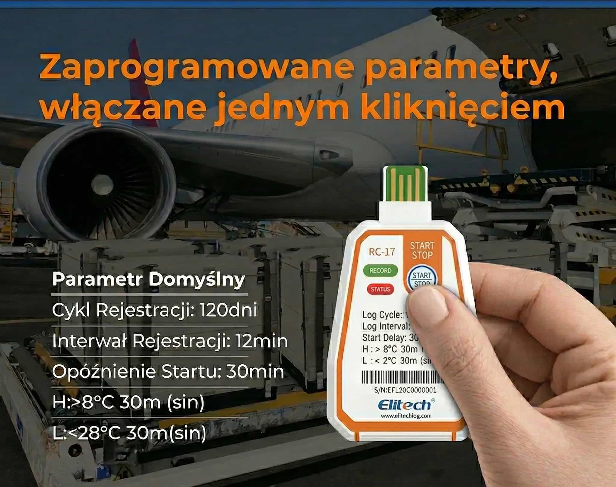 Dłoń trzymająca rejestrator Elitech RC-17 na tle samolotu cargo na lotnisku (miniatura)
