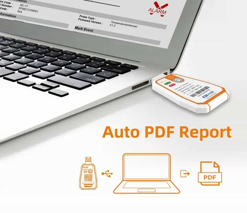 Rejestrator Elitech RC-17 podłączony do portu USB laptopa generuje raport PDF z odczytami temperatury (miniatura)