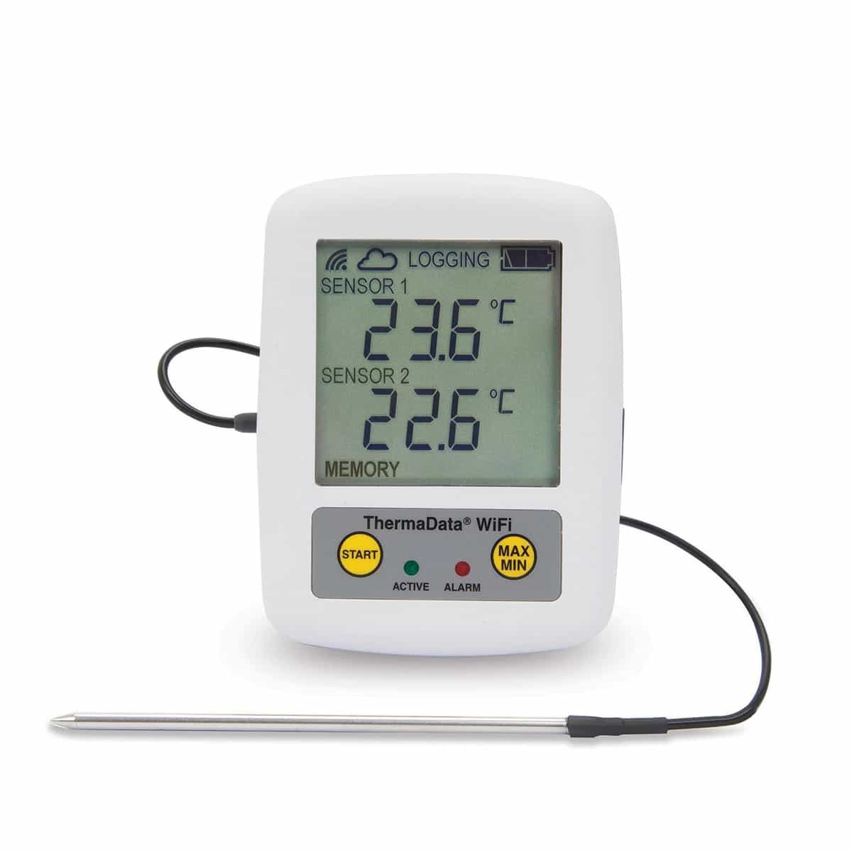 Rejestrator ETI ThermaData WiFi z sondą wbijaną na przewodzie i odczytem dwóch kanałów na wyświetlaczu (miniatura)