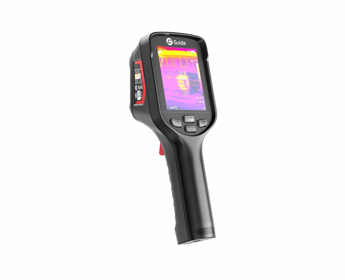 Kamera termowizyjna Guide E3S w ujęciu skośnym z termogramem na ekranie (miniatura)