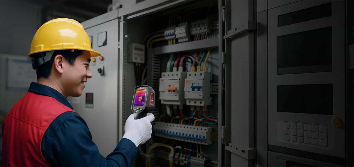 Elektryk w kasku kontroluje rozdzielnicę kamerą termowizyjną Guide E4S (miniatura)