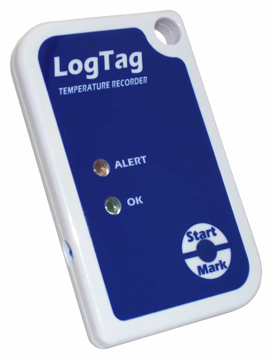 Rejestrator LogTag TRIX-8 ujęty pod kątem, z dwiema diodami stanu i przyciskiem uruchamiania zapisu (miniatura)