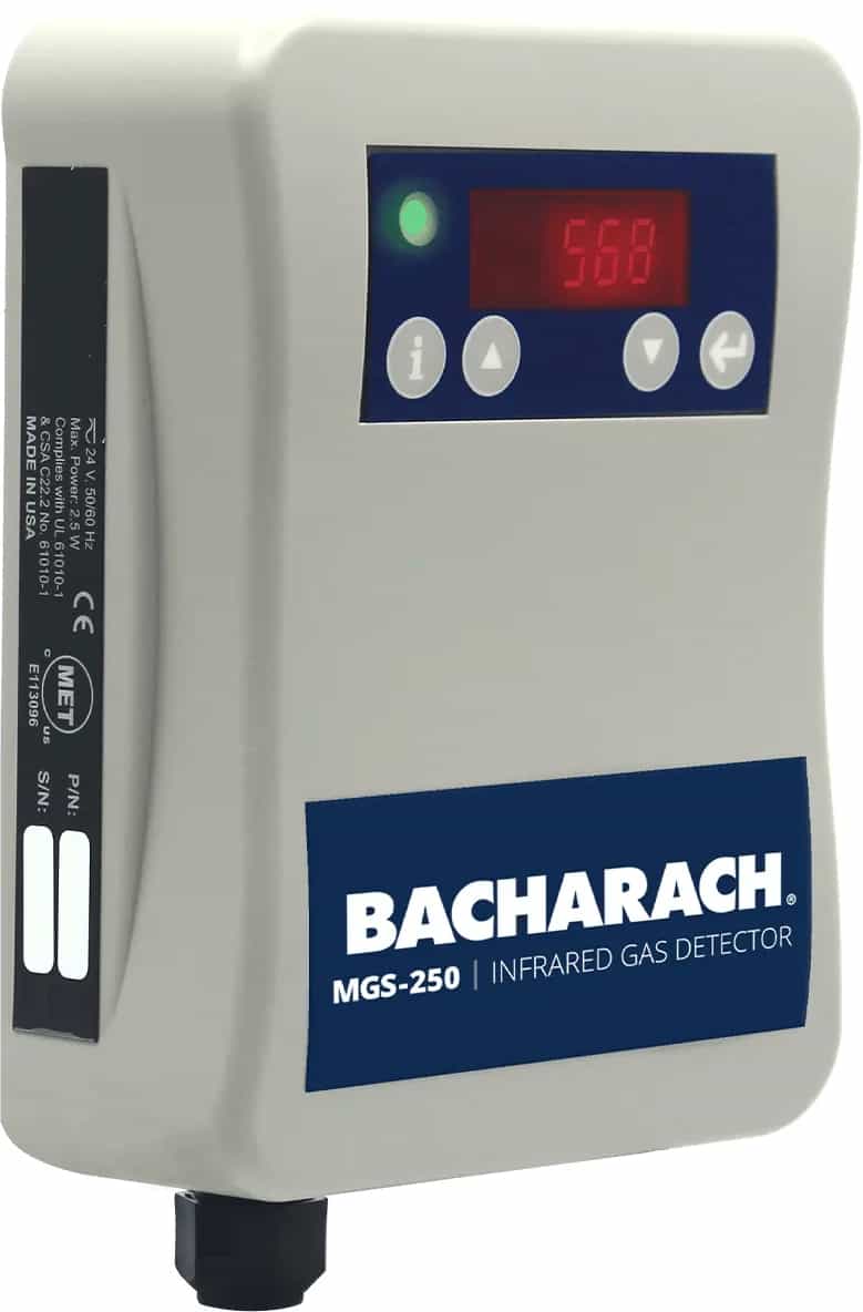 Detektor MSA Bacharach MGS-250 widziany z lewej strony pod kątem, z czerwonym wyświetlaczem i przyciskami (miniatura)