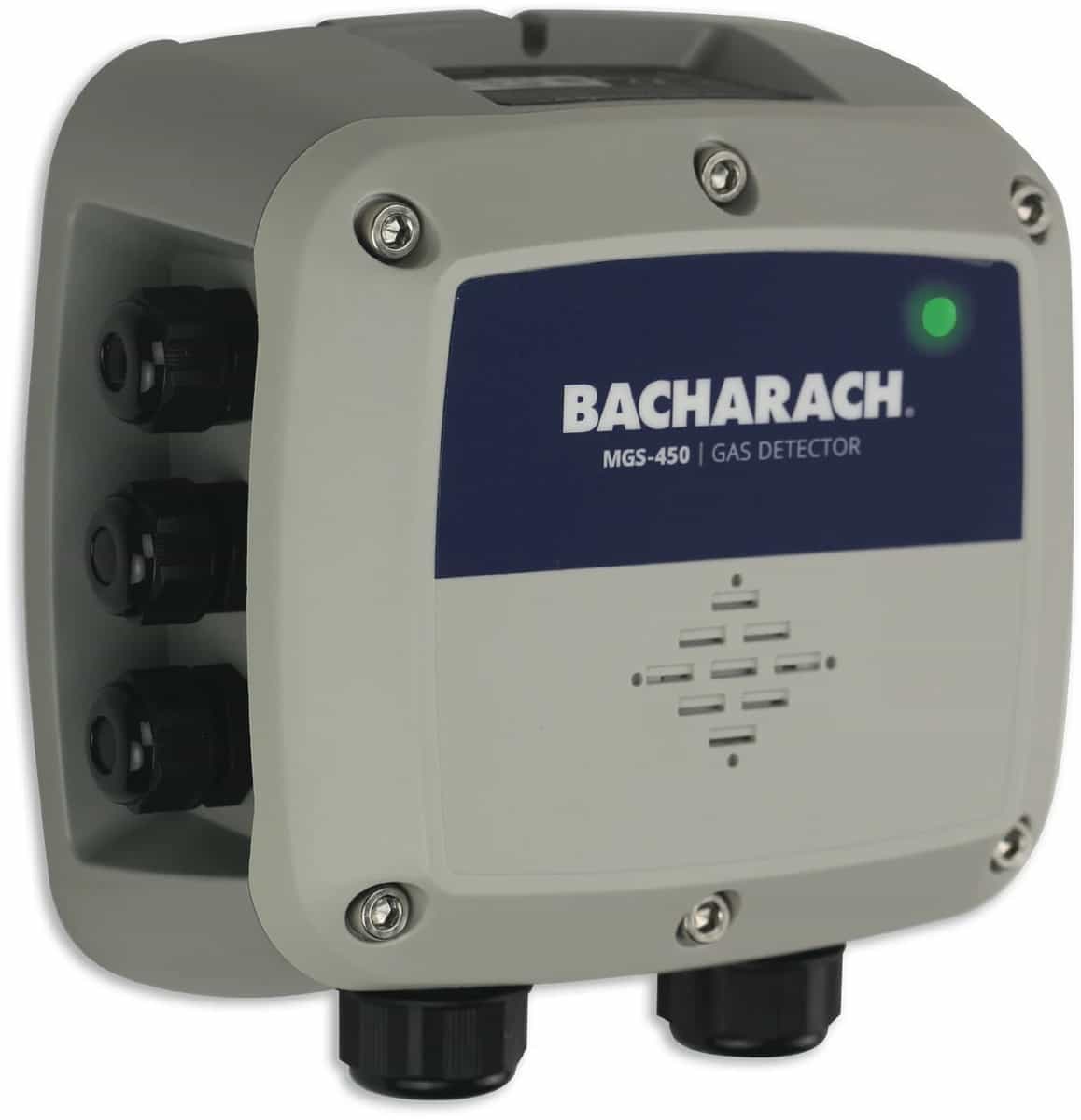 Detektor MSA Bacharach MGS-450 w wykonaniu IP41 ujęty pod kątem, z dławnicami po bokach i zieloną diodą stanu (miniatura)