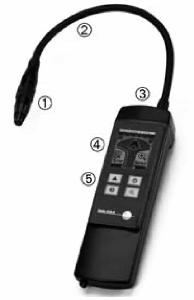 Detektor Testo 316-4 z ponumerowanymi elementami: końcówką czujnika, giętkim wysięgnikiem, wyświetlaczem i przyciskami (miniatura)