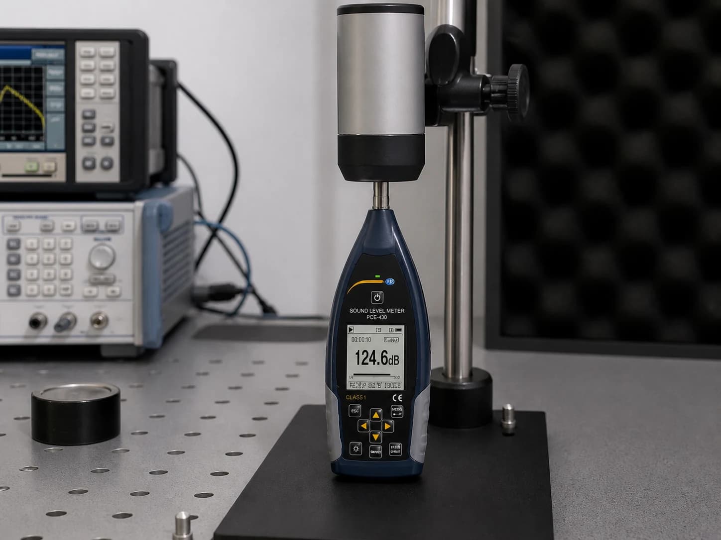 Sonometry PCE-430 podczas sprawdzania kalibratorem akustycznym