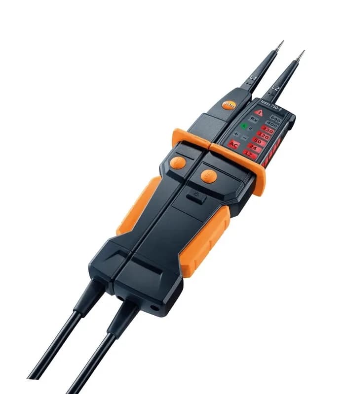 Tester napięcia Testo 750-2 — widok pod kątem pokazujący wskaźniki LED i obudowę CAT IV