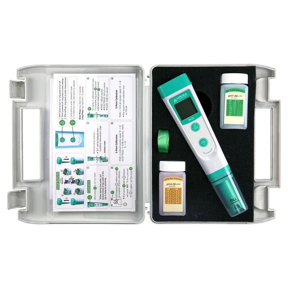 Zestaw Apera PH20 w walizce transportowej: tester, roztwory wzorcowe, baterie i smycz