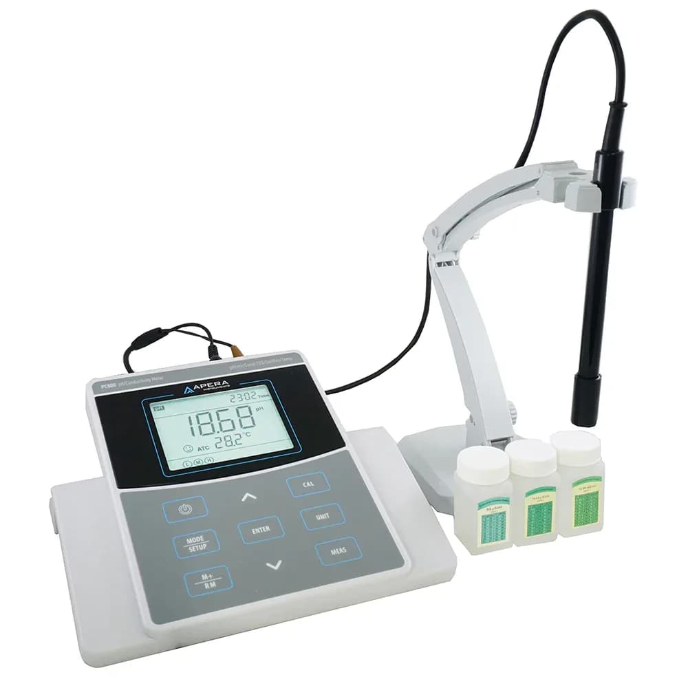 Miernik laboratoryjny Apera PC800 z elektrodą pH w uchwycie i roztworami kalibracyjnymi
