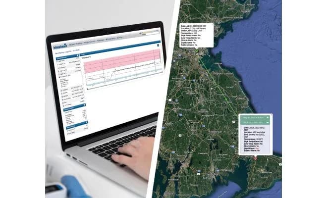 Pulpit InTempConnect na laptopie z wykresem temperatury obok mapy Google z trasą i lokalizacją przesyłki