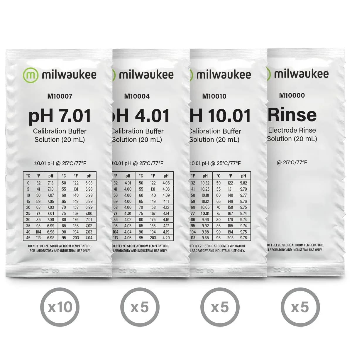 Saszetki Milwaukee FRESH-START M1000AB: bufory pH 7,01, 4,01 i 10,01 oraz roztwór do płukania elektrody, z liczbą sztuk w zestawie
