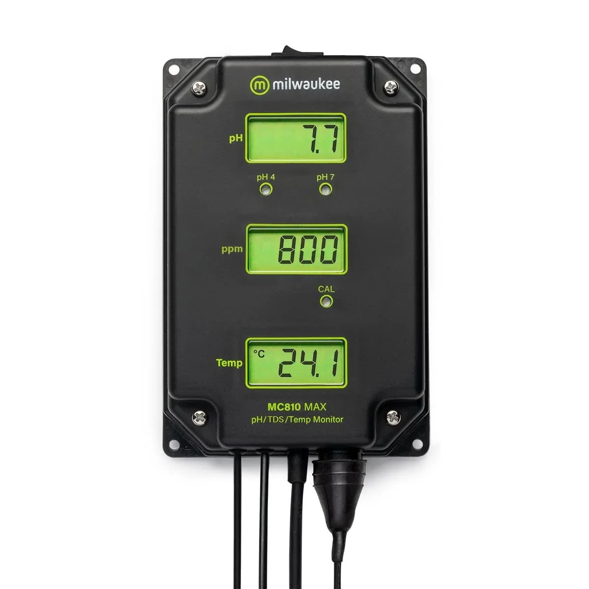 Panel monitora Milwaukee MC810 z trzema podświetlanymi wyświetlaczami pH, ppm i temperatury oraz pokrętłami kalibracji