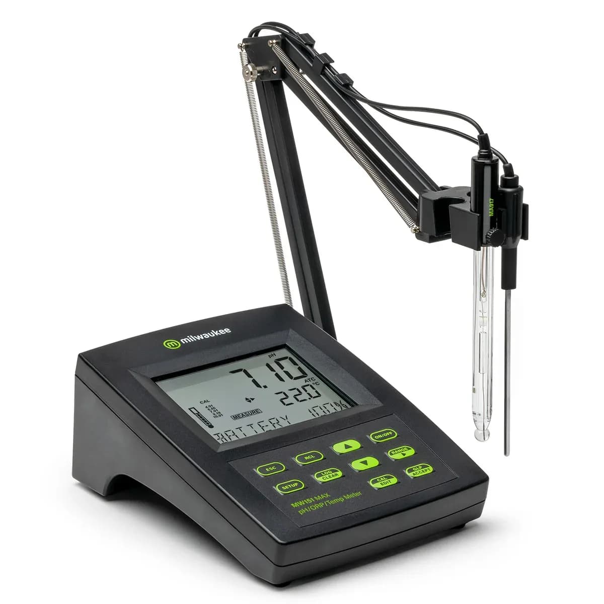 Miernik laboratoryjny Milwaukee MW151 z podłączoną elektrodą pH i sondą temperatury