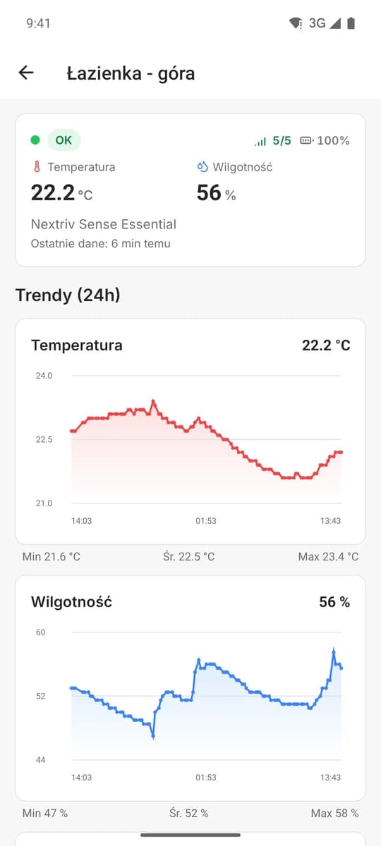 Szczegóły czujnika w aplikacji mobilnej Nextriv