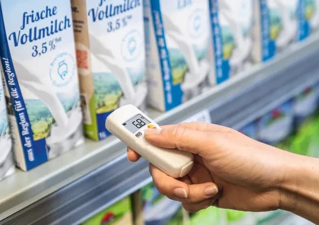 Testo 805 w dłoni podczas pomiaru temperatury mleka na regale chłodniczym w supermarkecie (miniatura)