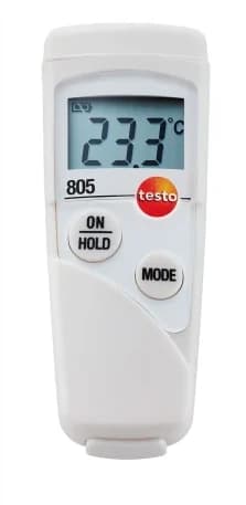 Kompaktowy pirometr Testo 805 z wyświetlaczem LCD pokazującym 23.3°C – widok frontu