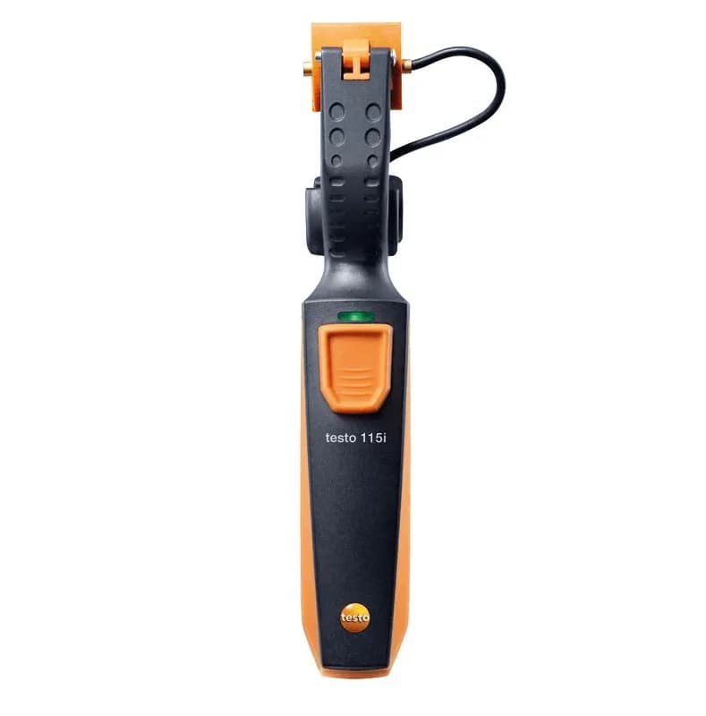 Termometr zaciskowy Testo 115i — widok urządzenia z zaciskiem i wskaźnikiem LED połączenia Bluetooth (miniatura)