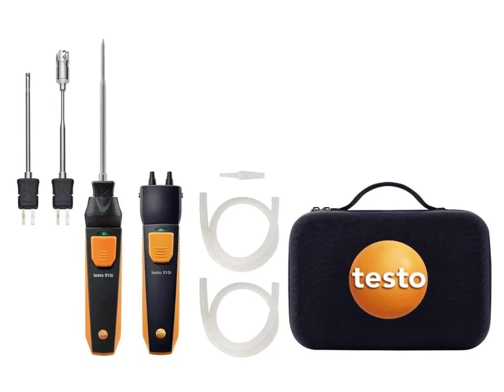 Kompletny zestaw SmartSond Testo — termometr 915i, manometr 510i, trzy sondy i walizka transportowa