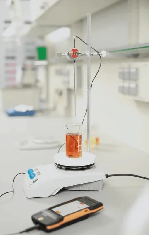 Sonda laboratoryjna Pt100 zamocowana na statywie i zanurzona w zlewce z cieczą na mieszadle magnetycznym, z podłączonym miernikiem Testo 440 (miniatura)