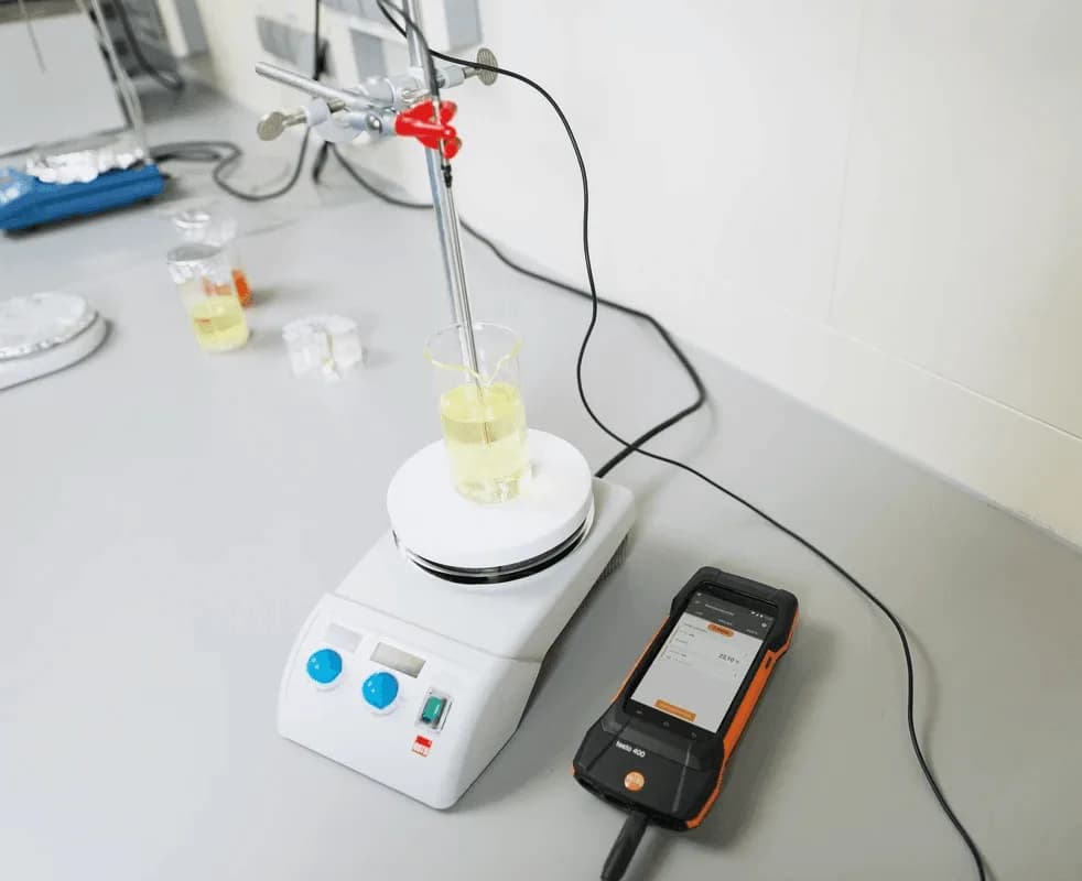 Stanowisko laboratoryjne z sondą Pt100 zanurzoną w zlewce na płycie grzewczej i podłączonym miernikiem Testo 440 na blacie (miniatura)