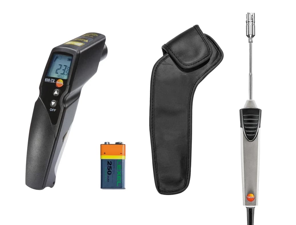 Kompletny zestaw testo 830-T2: pirometr, sonda powierzchniowa, kabura, bateria