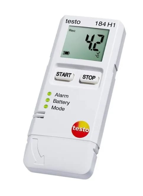 Rejestrator Testo 184 H1 ujęty pod kątem z wyświetlaczem LCD, przyciskami START/STOP oraz diodami Alarm, Battery i Mode