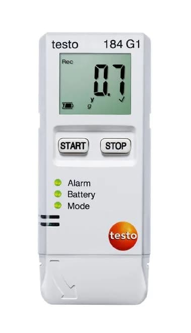 Panel przedni rejestratora Testo 184 G1 z wyświetlaczem LCD, przyciskami START/STOP i diodami alarmowymi LED