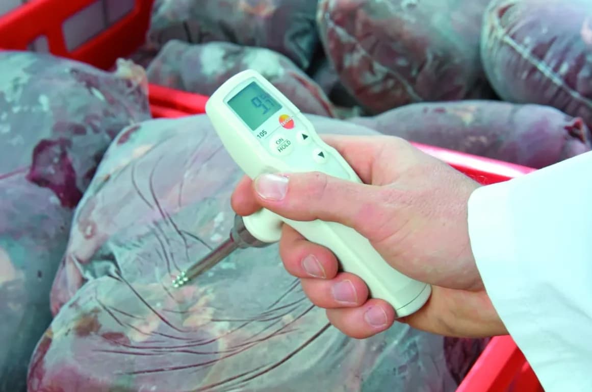 Operator trzyma termometr Testo 105 z wbitą sondą w zamrożone mięso — wyświetlacz pokazuje odczyt temperatury (miniatura)