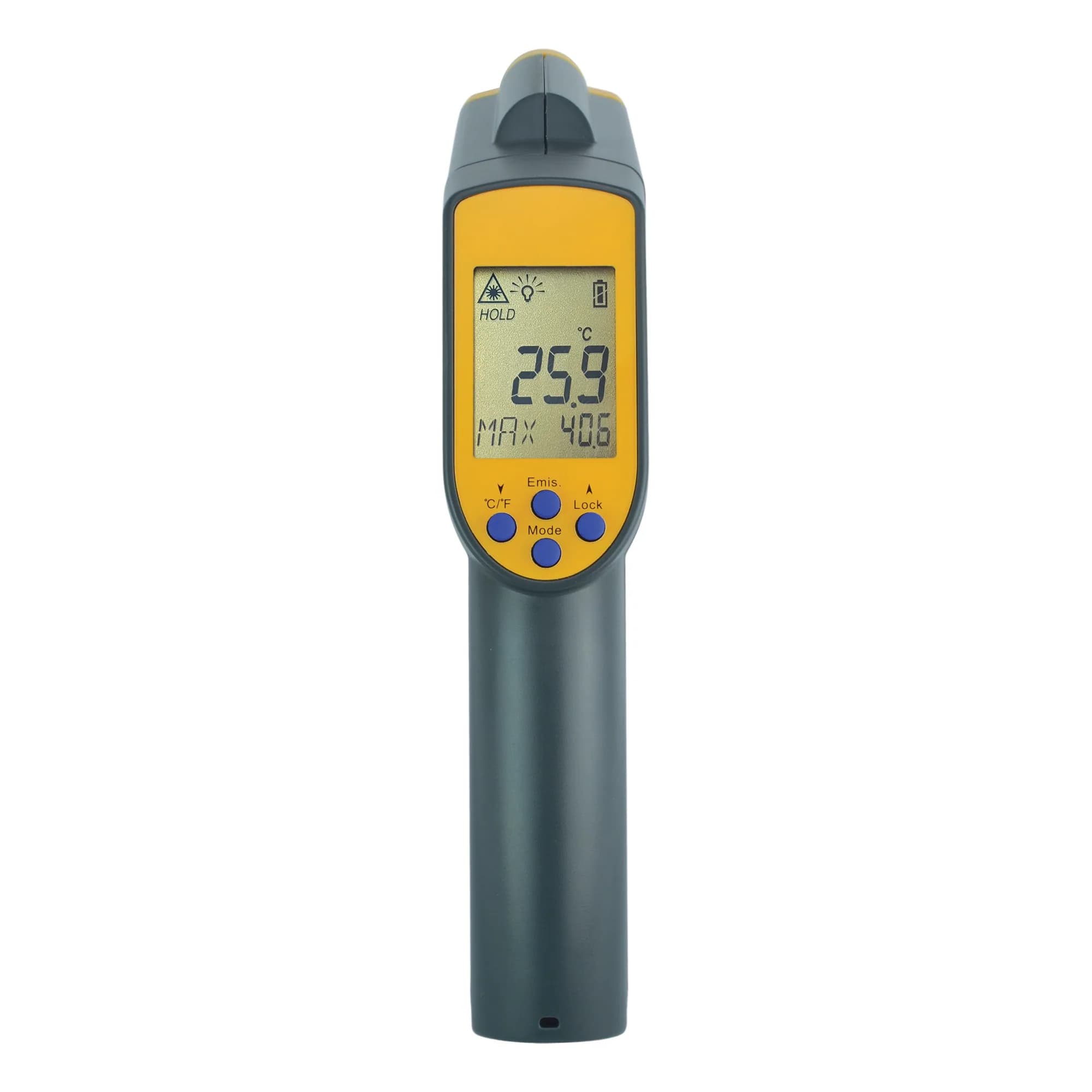 Pirometr przemysłowy ETI RayTemp 38 - bezkontaktowy do 999,9 °C, optyka 50:1 – widok wyświetlacza