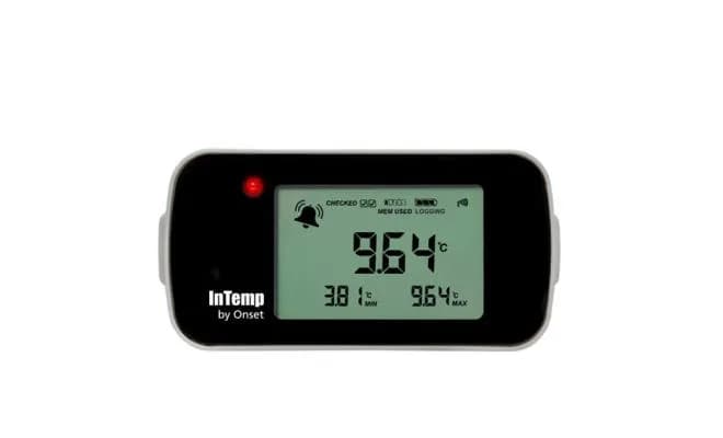 Rejestrator Onset InTemp CX403 — frontalny widok wyświetlacza LCD z aktualną temperaturą i wartościami min/max