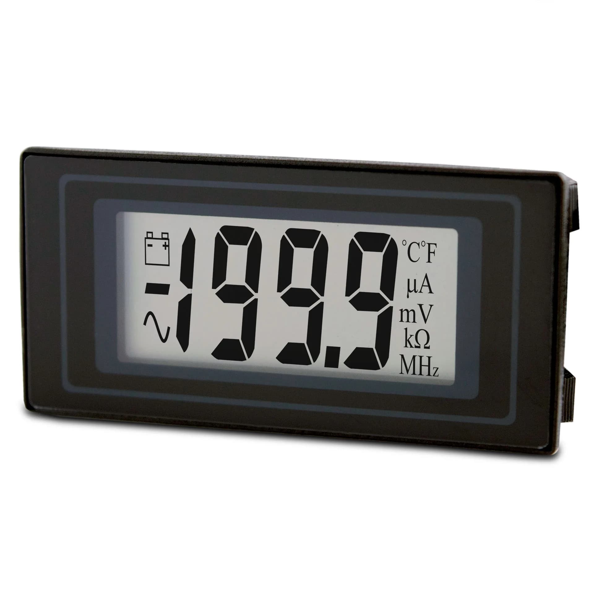 Woltomierz panelowy Lascar DPM 400 z ekranem LCD i polami symboli.